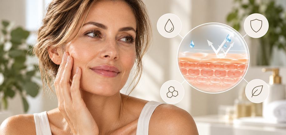 Mujer tocándose la mejilla junto a una ilustración de la barrera protectora de la piel